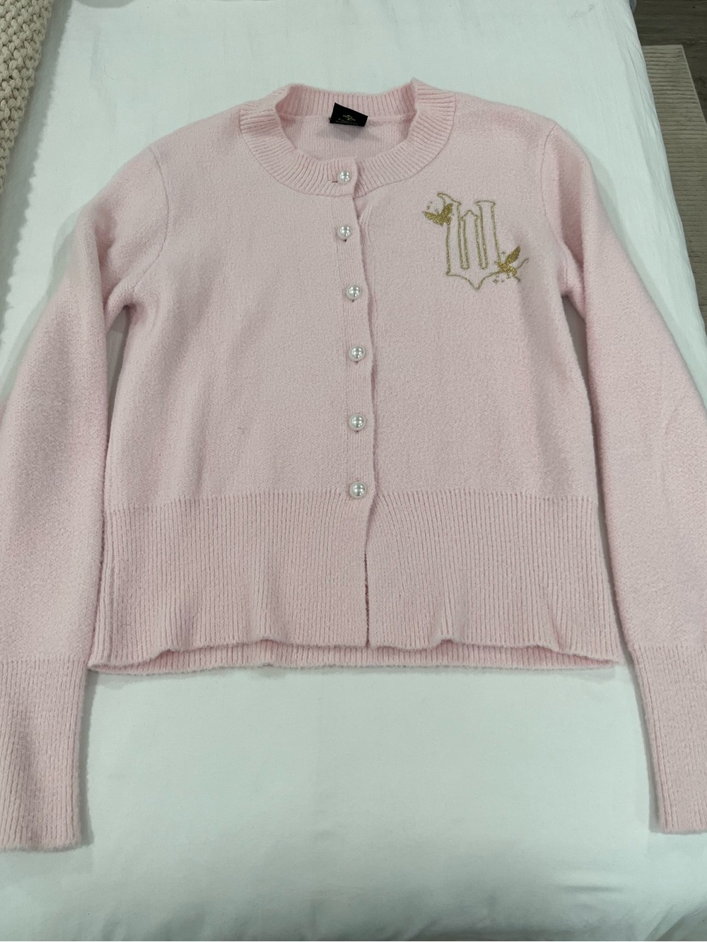 Wicked Light Pink Crewneck Button-Front Cardigan with Embroidered Crest